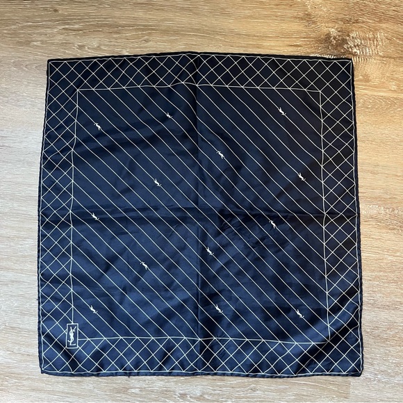 YSL Silk Pocket Square Navy White